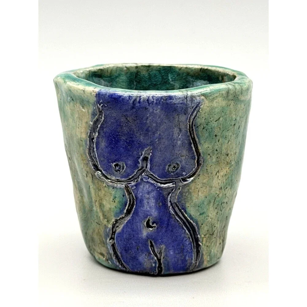 *5* Raku Studio Pottery Signed AW Female Nude Torso Shot Glasses Sake Cups OOAK